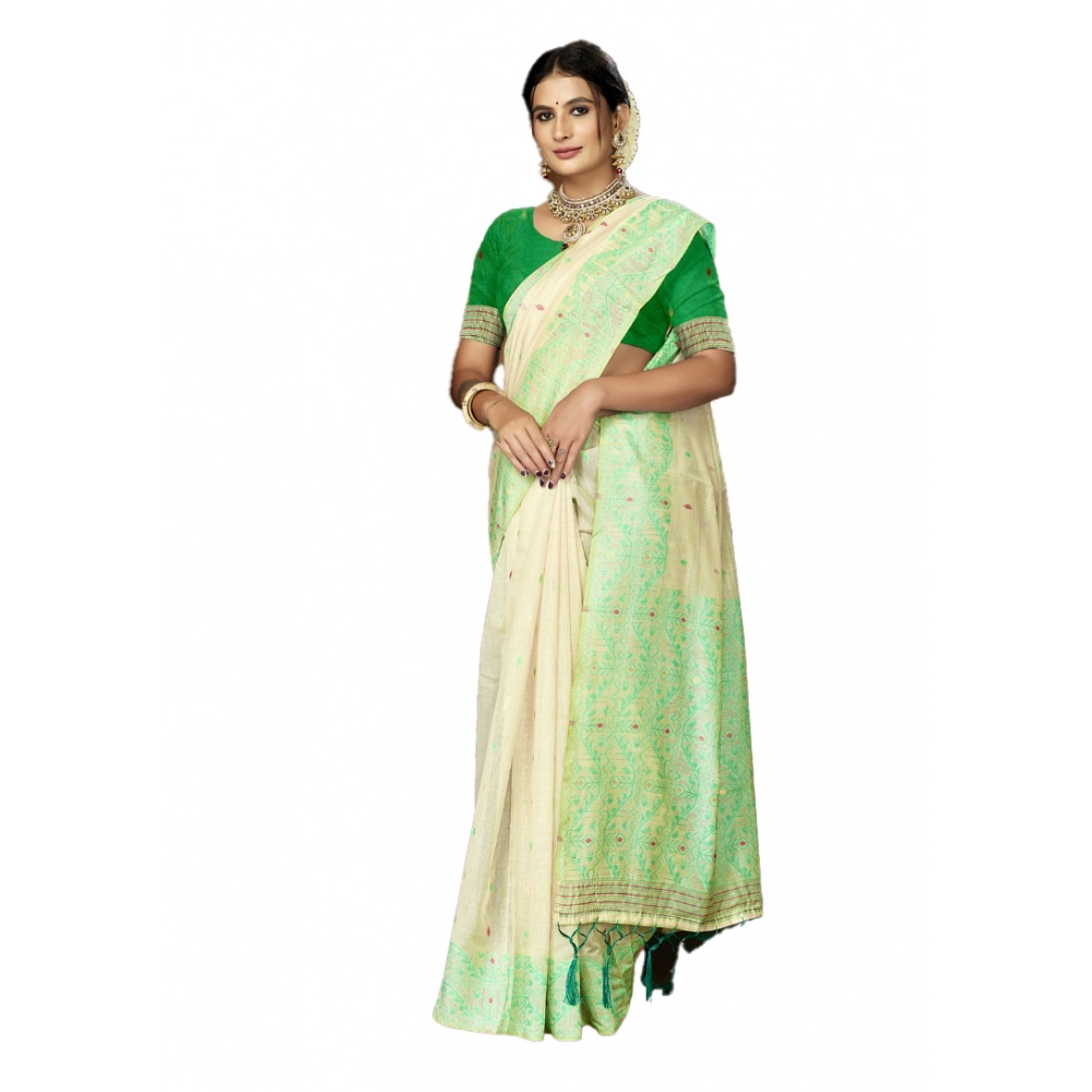 Generic Women's Cotton Printed Saree With Unstitched Blouse 5.5Mtr (Green)
