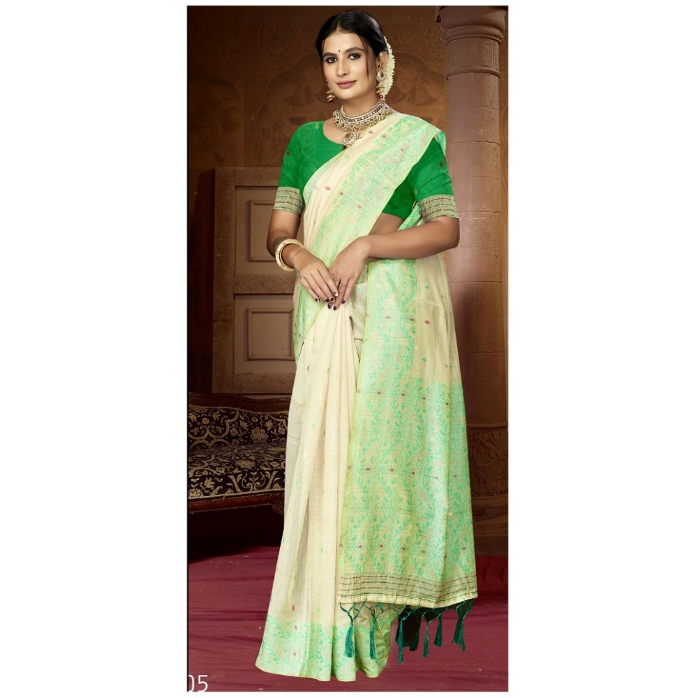Generic Women's Cotton Printed Saree With Unstitched Blouse 5.5Mtr (Green)
