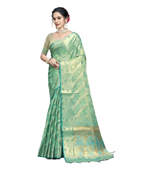 Generic Women's Organza Woven Design Saree With Unstitched Blouse 5.5Mtr (Green)