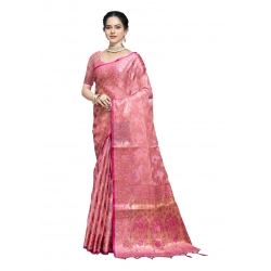Generic Women's Organza Woven Design Saree With Unstitched Blouse 5.5Mtr (Pink)