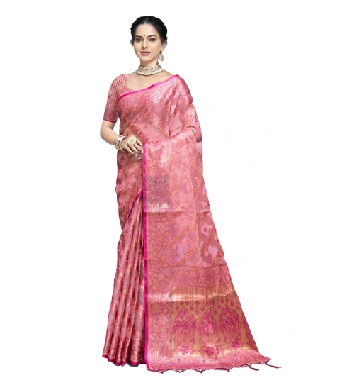 Generic Women's Organza Woven Design Saree With Unstitched Blouse 5.5Mtr (Pink)
