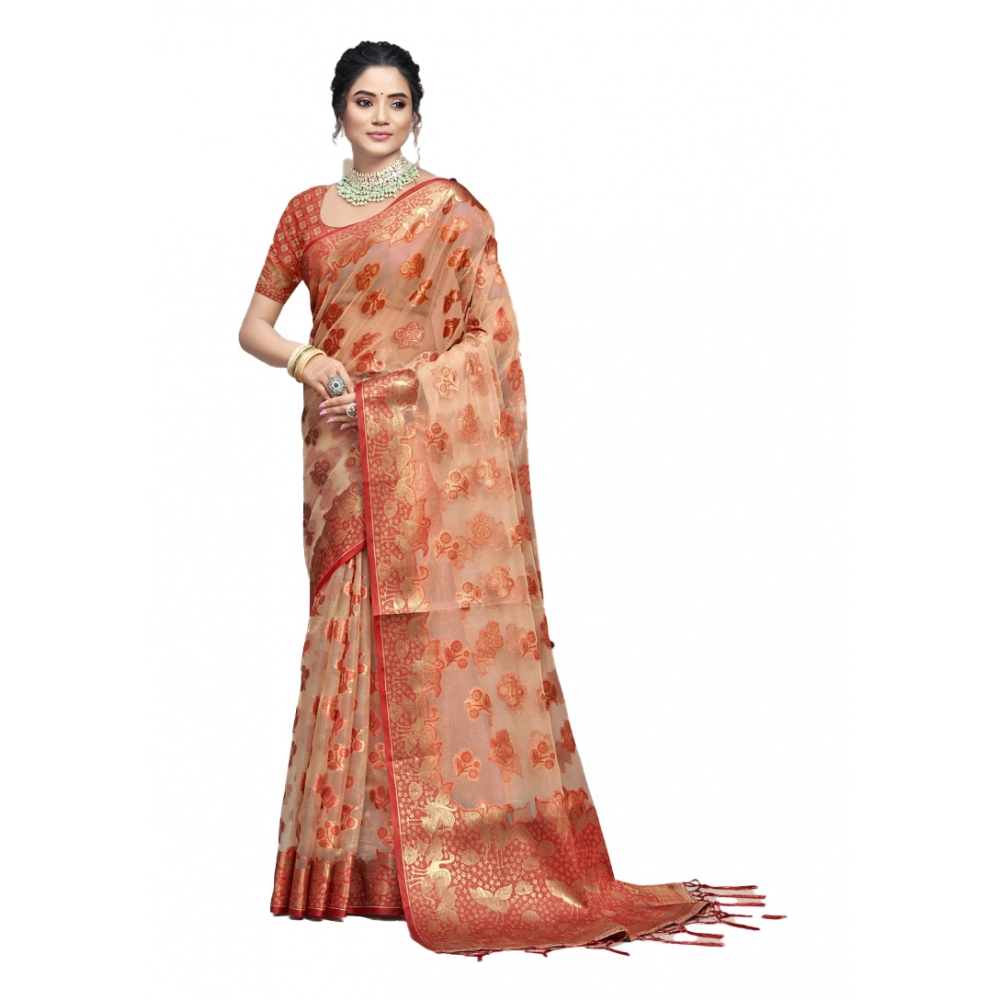 Generic Women's Organza Woven Design Saree With Unstitched Blouse 5.5Mtr (Orange)