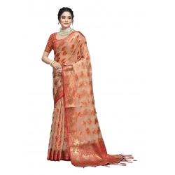 Generic Women's Organza Woven Design Saree With Unstitched Blouse 5.5Mtr (Orange)