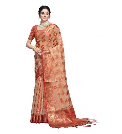 Generic Women's Organza Woven Design Saree With Unstitched Blouse 5.5Mtr (Orange)