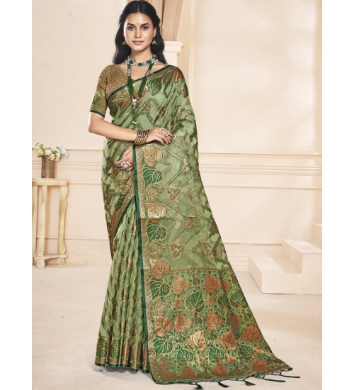 Generic Women's Organza Woven Design Saree With Unstitched Blouse 5.5Mtr (Green)