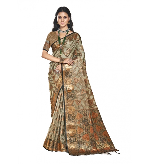 Generic Women's Organza Woven Design Saree With Unstitched Blouse 5.5Mtr (Grey)