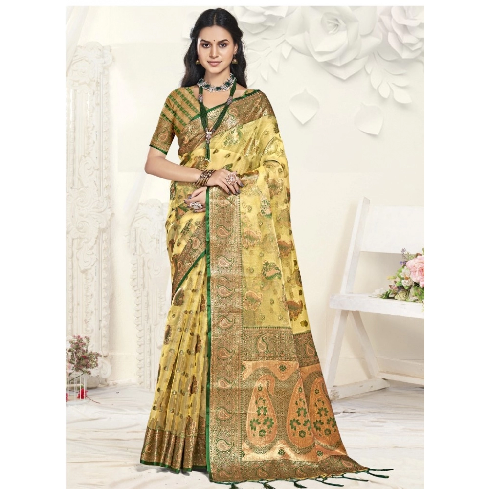 Generic Women's Organza Woven Design Saree With Unstitched Blouse 5.5Mtr (Yellow)