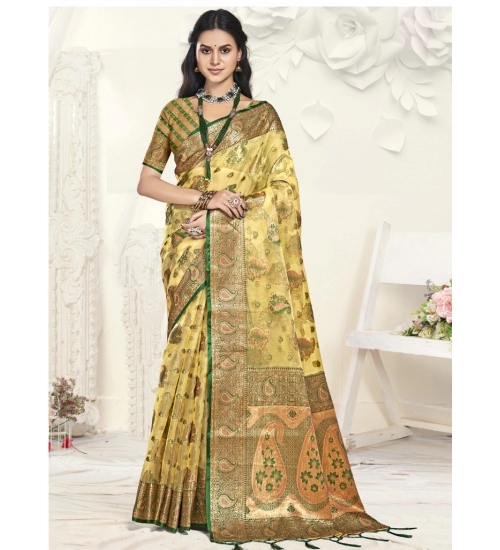 Generic Women's Organza Woven Design Saree With Unstitched Blouse 5.5Mtr (Yellow)