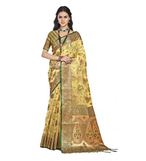 Generic Women's Organza Woven Design Saree With Unstitched Blouse 5.5Mtr (Yellow)