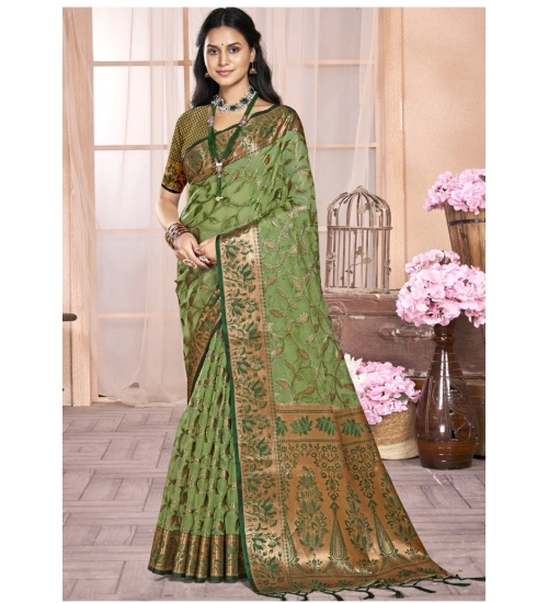 Generic Women's Organza Woven Design Saree With Unstitched Blouse 5.5Mtr (Green)