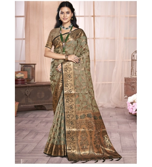 Generic Women's Organza Woven Design Saree With Unstitched Blouse 5.5Mtr (Grey)