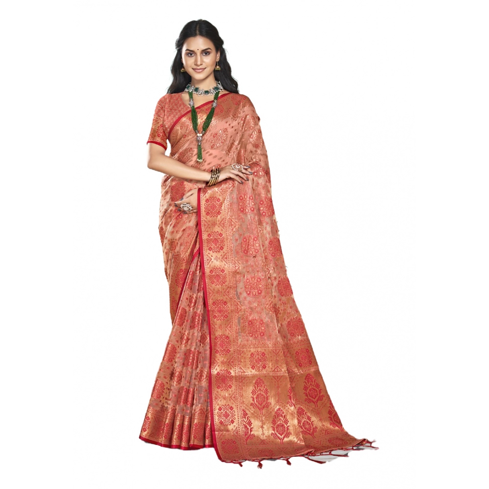 Generic Women's Organza Woven Design Saree With Unstitched Blouse 5.5Mtr (Peach) Generic Women's Organza Woven Design Saree With Unstitched Blouse 5.5Mtr (Peach)