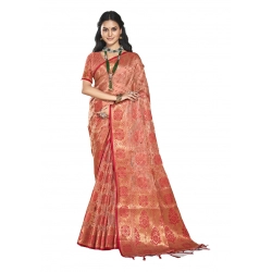 Generic Women's Organza Woven Design Saree With Unstitched Blouse 5.5Mtr (Peach)