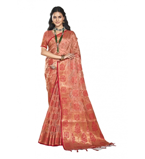 Generic Women's Organza Woven Design Saree With Unstitched Blouse 5.5Mtr (Peach)