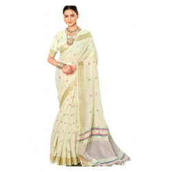 Generic Women's Cotton Printed Saree With Unstitched Blouse 5.5Mtr (Off white)