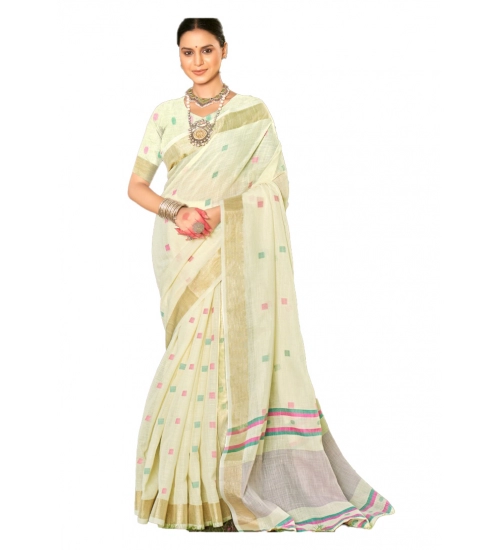 Generic Women's Cotton Printed Saree With Unstitched Blouse 5.5Mtr (Off white)