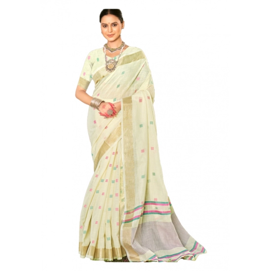 Generic Women's Cotton Printed Saree With Unstitched Blouse 5.5Mtr (Off white)