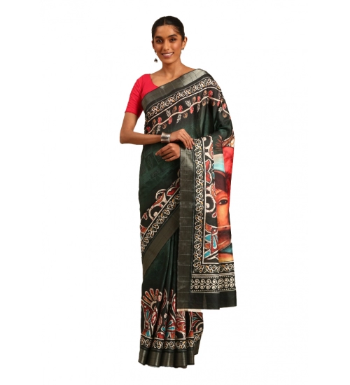 Generic Women's Cotton Printed Saree With Unstitched Blouse 5.5Mtr (Green)