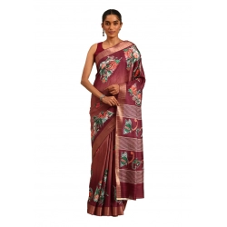Generic Women's Cotton Printed Saree With Unstitched Blouse 5.5Mtr (Brown)