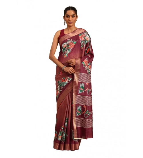 Generic Women's Cotton Printed Saree With Unstitched Blouse 5.5Mtr (Brown)