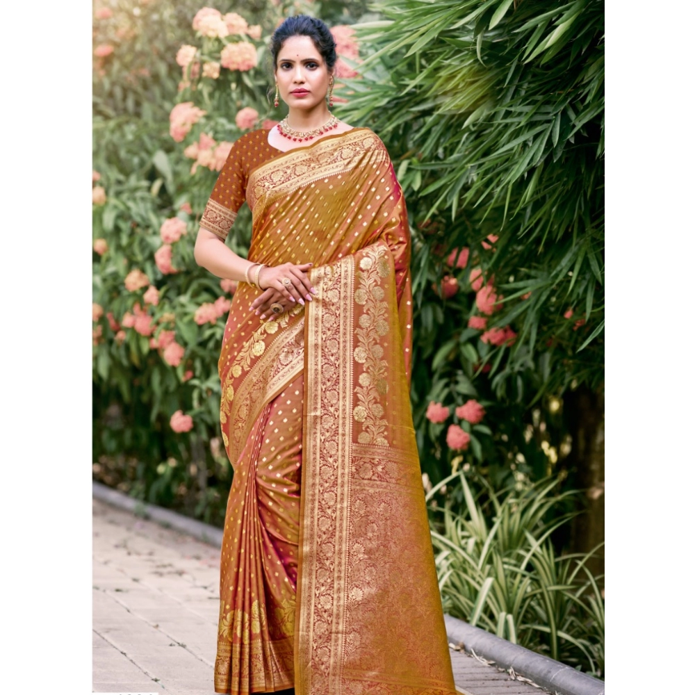 Generic Women's Silk Printed Saree With Unstitched Blouse 5.5Mtr (Brown)