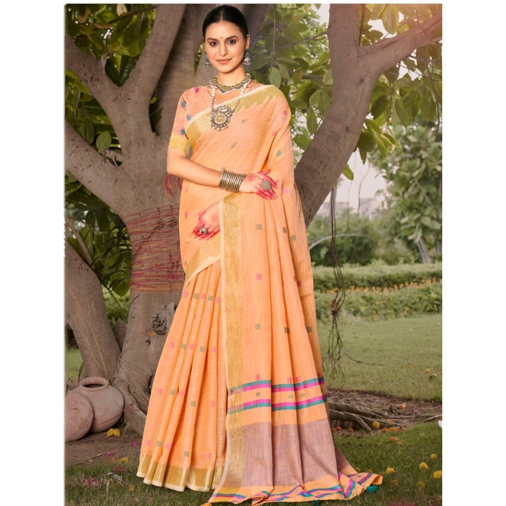 Generic Women's Cotton Printed Saree With Unstitched Blouse 5.5Mtr (Peach)
