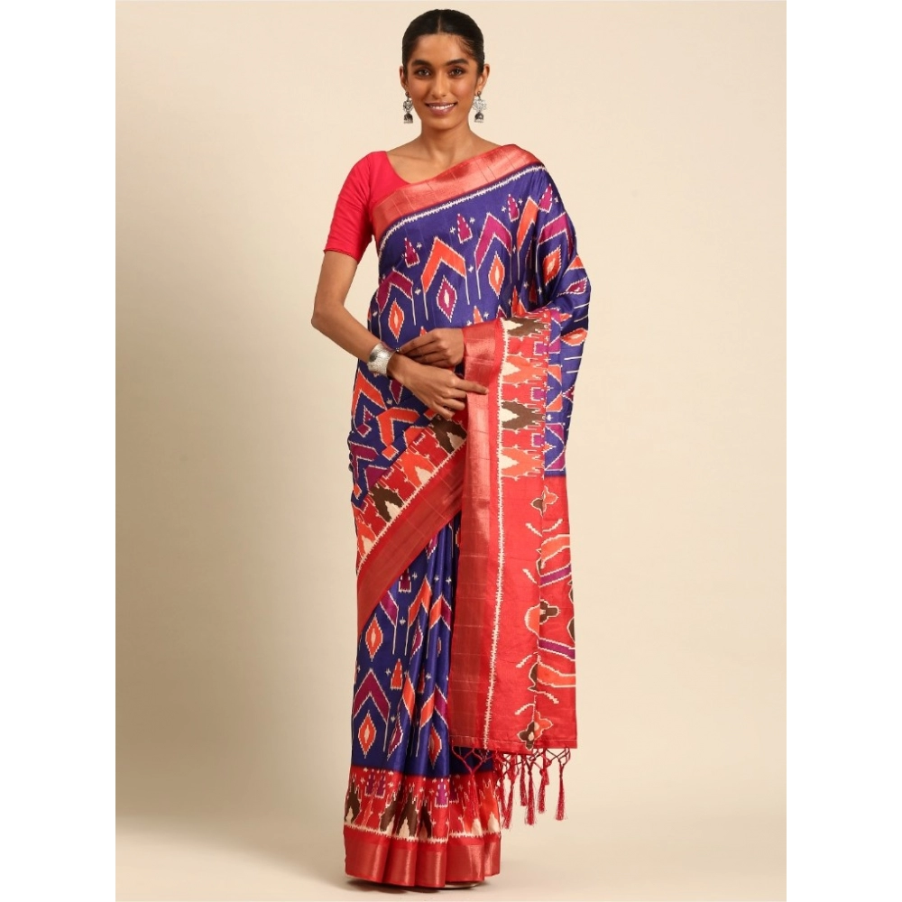 Generic Women's Cotton Printed Saree With Unstitched Blouse 5.5Mtr (Blue)