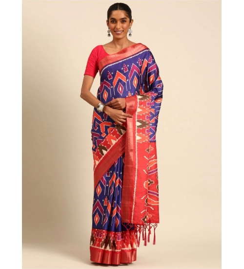 Generic Women's Cotton Printed Saree With Unstitched Blouse 5.5Mtr (Blue)