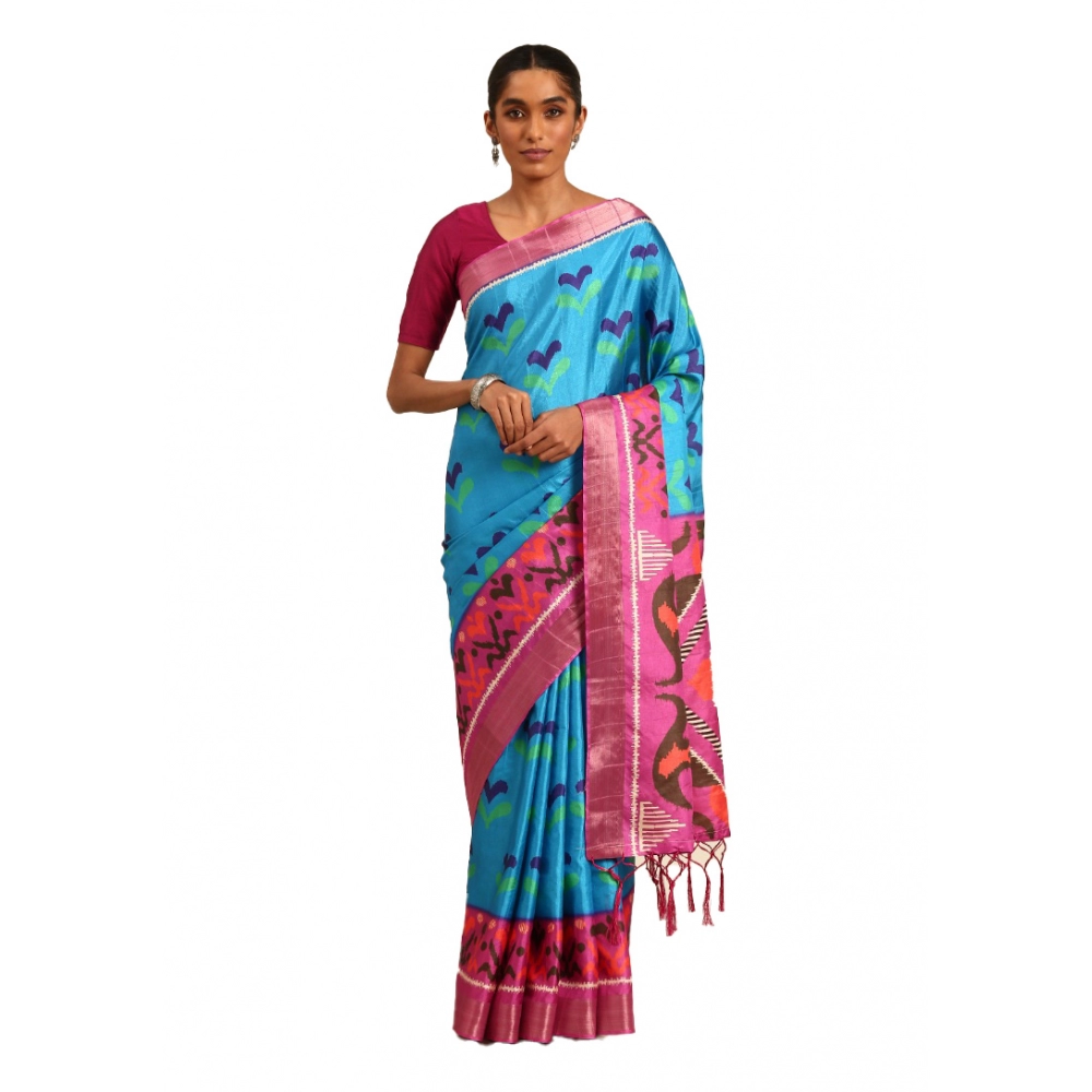 Generic Women's Cotton Printed Saree With Unstitched Blouse 5.5Mtr (Blue)