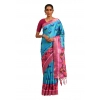 Generic Women's Cotton Printed Saree With Unstitched Blouse 5.5Mtr (Blue)