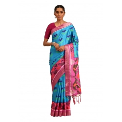 Generic Women's Cotton Printed Saree With Unstitched Blouse 5.5Mtr (Blue)