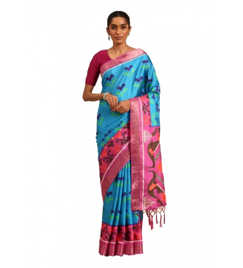 Generic Women's Cotton Printed Saree With Unstitched Blouse 5.5Mtr (Blue)