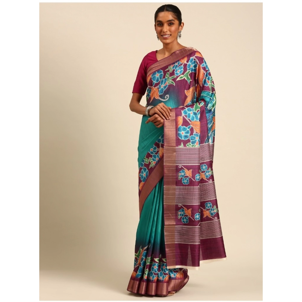 Generic Women's Cotton Printed Saree With Unstitched Blouse 5.5Mtr (Green)