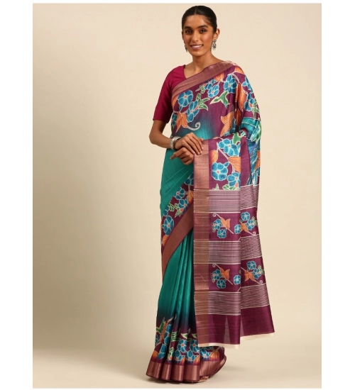 Generic Women's Cotton Printed Saree With Unstitched Blouse 5.5Mtr (Green)