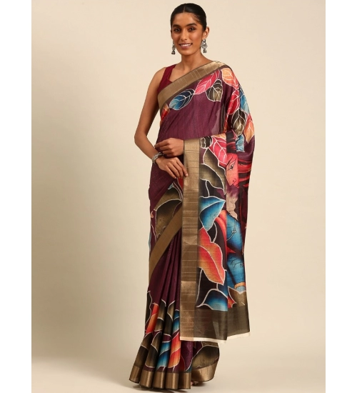 Generic Women's Cotton Printed Saree With Unstitched Blouse 5.5Mtr (Maroon)