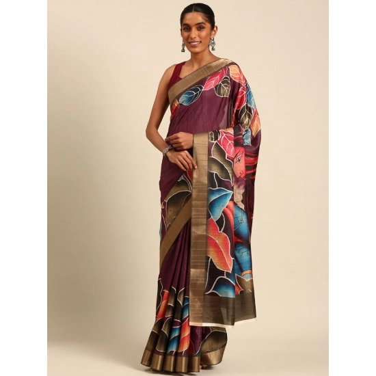 Generic Women's Cotton Printed Saree With Unstitched Blouse 5.5Mtr (Maroon)