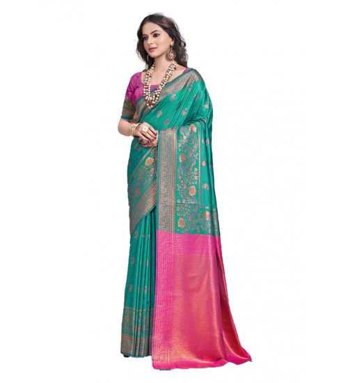 Generic Women's Silk Woven Design Saree With Unstitched Blouse 5.5Mtr (Teal-Green)