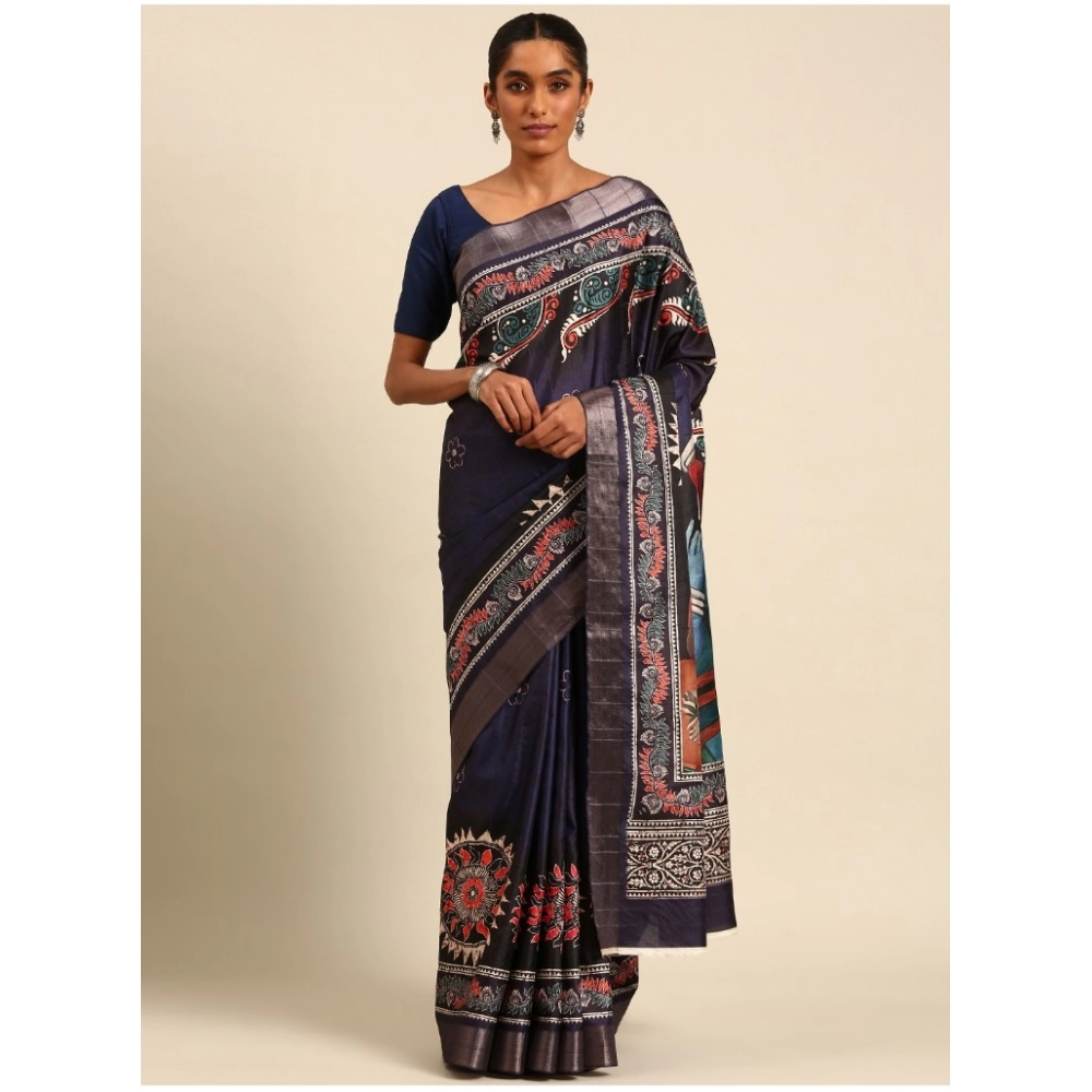 Generic Women's Cotton Printed Saree With Unstitched Blouse 5.5Mtr (Navy-Blue)