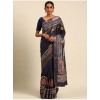 Generic Women's Cotton Printed Saree With Unstitched Blouse 5.5Mtr (Navy-Blue)
