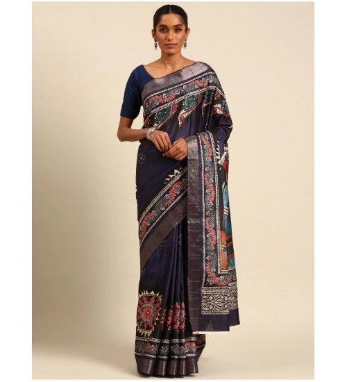 Generic Women's Cotton Printed Saree With Unstitched Blouse 5.5Mtr (Navy-Blue)