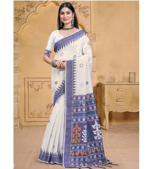 Generic Women's Cotton Printed Saree With Unstitched Blouse 5.5Mtr (Cream)
