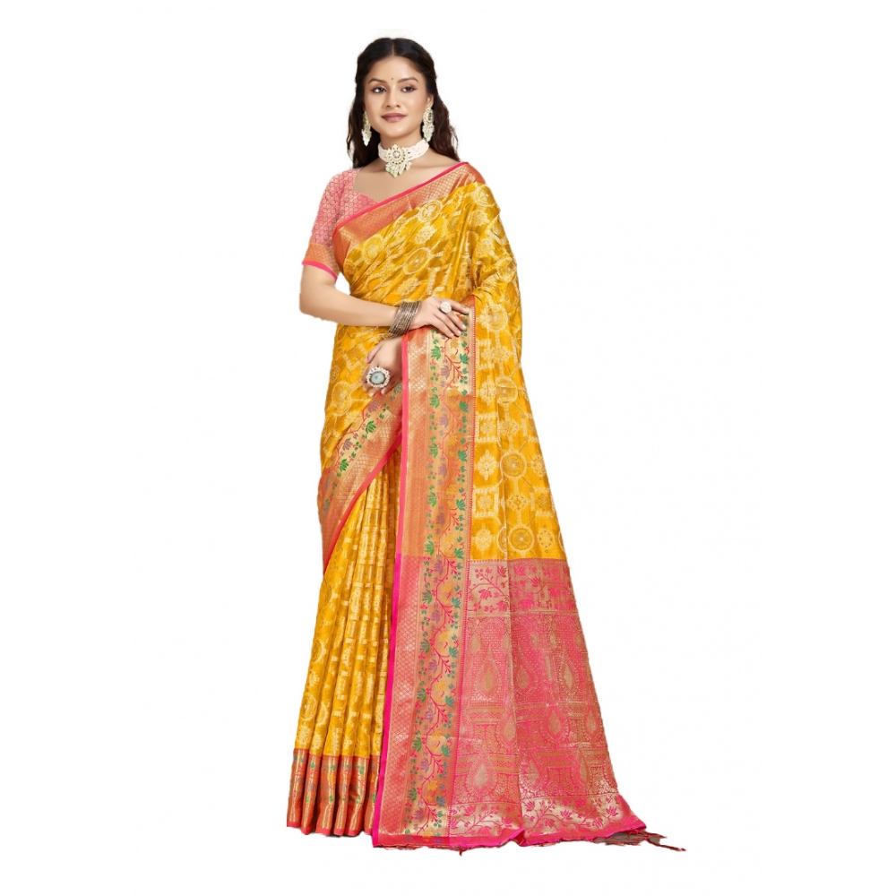 Generic Women's Silk Woven Design Saree With Unstitched Blouse 5.5Mtr (Yellow)