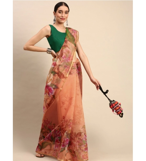 Generic Women's Organza Printed Saree With Unstitched Blouse 5.5Mtr (Peach)