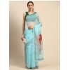 Generic Women's Organza Printed Saree With Unstitched Blouse 5.5Mtr (Sky Blue)