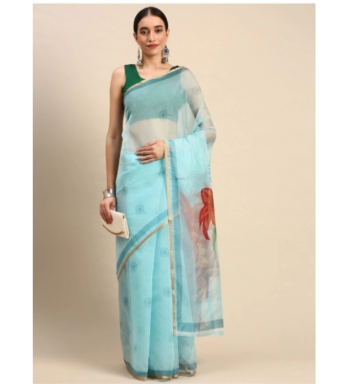 Generic Women's Organza Printed Saree With Unstitched Blouse 5.5Mtr (Sky Blue)