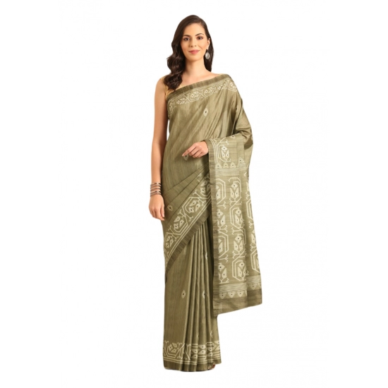 Generic Women's Cotton Printed Saree With Unstitched Blouse 5.5Mtr (Olive-green)