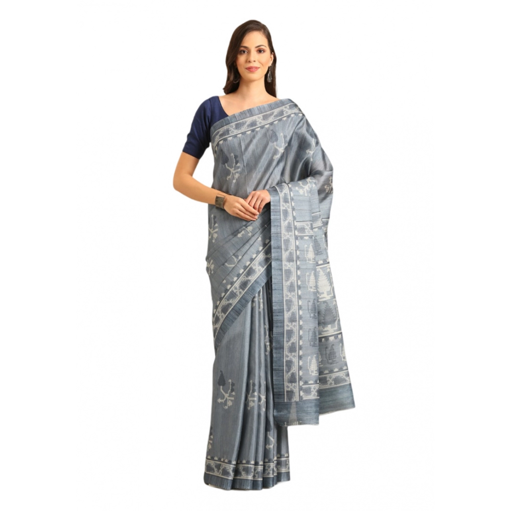 Generic Women's Cotton Printed Saree With Unstitched Blouse 5.5Mtr (Grey)