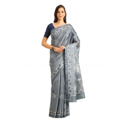 Generic Women's Cotton Printed Saree With Unstitched Blouse 5.5Mtr (Grey)