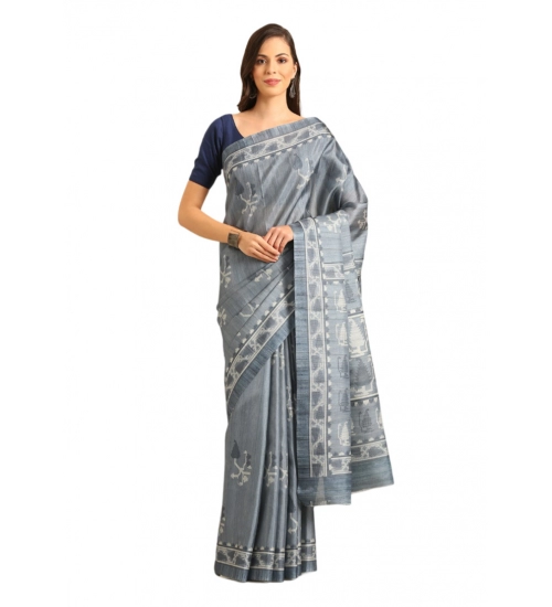 Generic Women's Cotton Printed Saree With Unstitched Blouse 5.5Mtr (Grey)