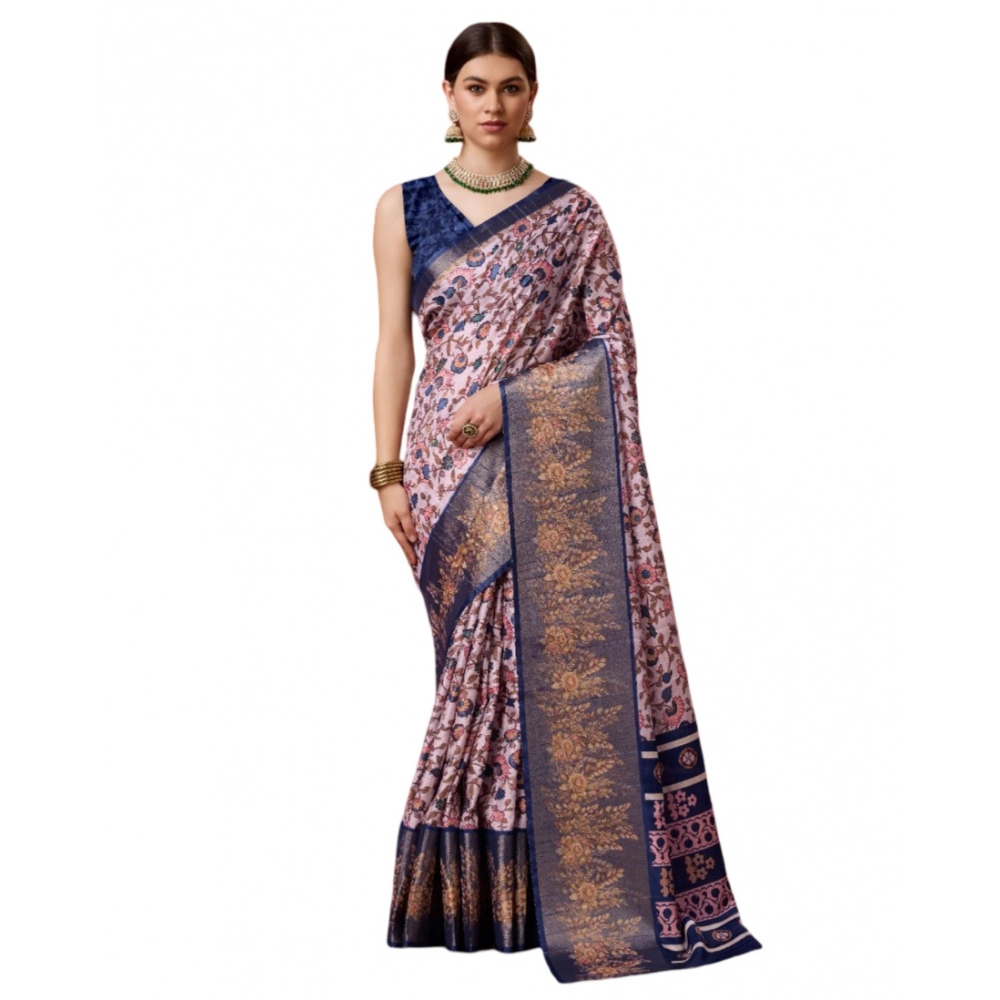 Generic Women's Cotton Printed Saree With Unstitched Blouse 5.5Mtr (Blue)